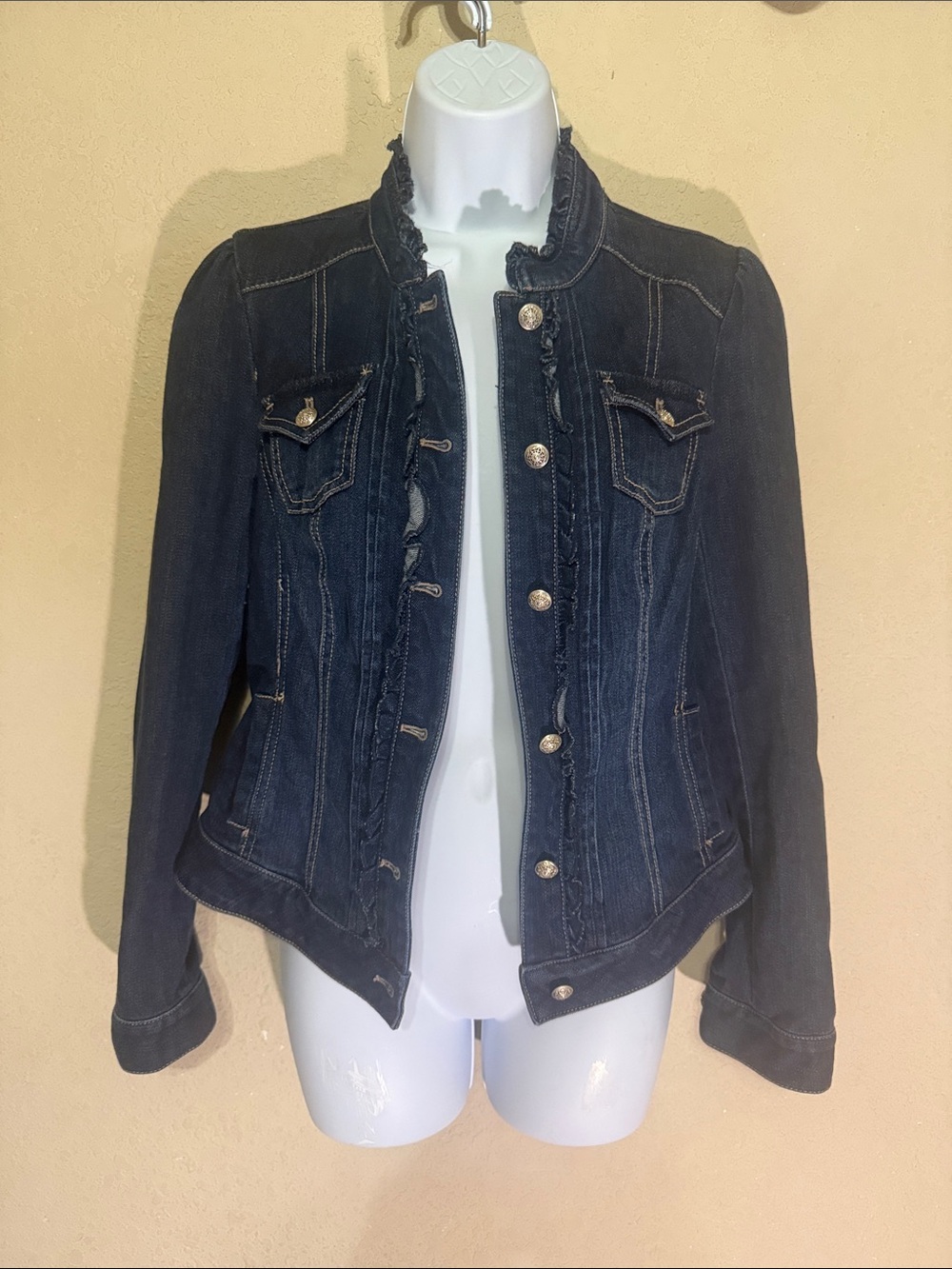 White House Black Market Dark Indigo Ruffle-Front Denim Jacket